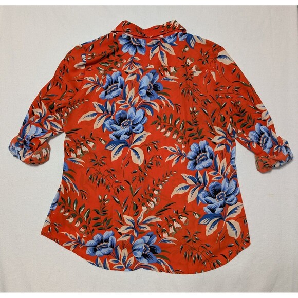 Ann Taylor LOFT Orange Floral Roll Up Sleeve Blouse Sz MP Petite Hidden Buttons - Picture 8 of 11